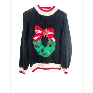 VTG 90s Ugly Christmas Sweater L Black Embroidered Wreath 3D Floral Whimsigoth